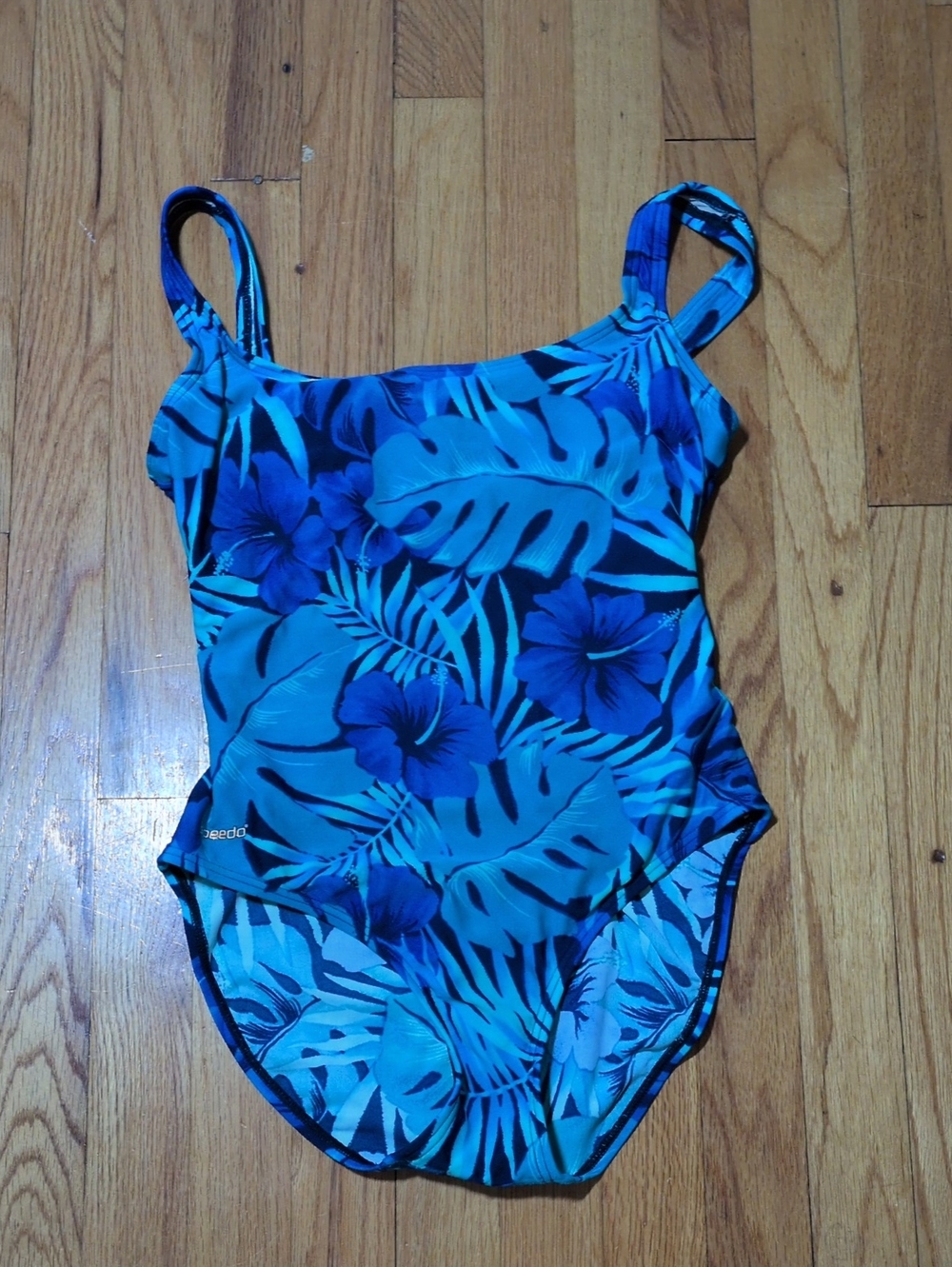 Speedo women's Blue Tropical Leaf & Hibiscus One-Piece Swimsuit 10